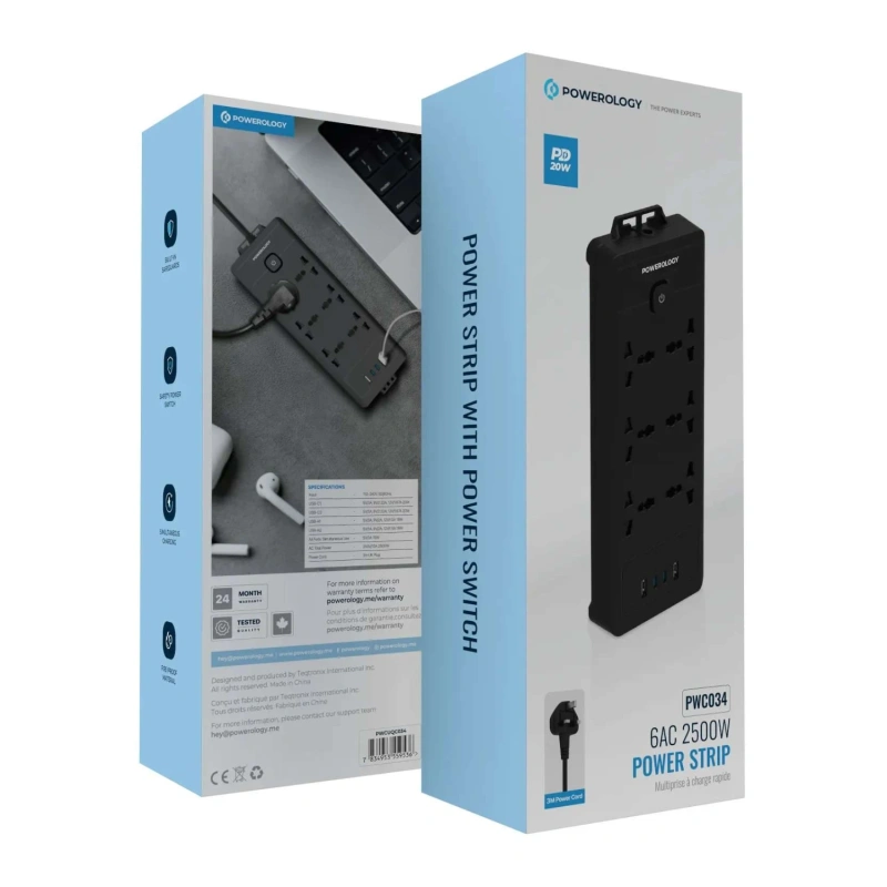 Powerology PD 20W QC 3.0 Extension Socket with 2 USB-C Ports 2M - Black - Image 2