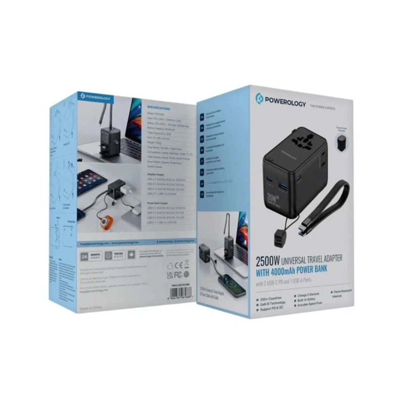 Powerology PD 20W Travel Adapter with Built-in 4000mAh Power Bank - Black - Image 2