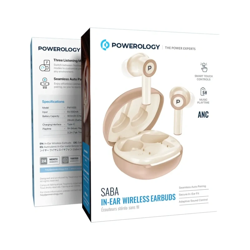 Powerology Saba TWS Earbuds 3C Fast Charging Dual Mic 5H Playtime - Titanium White - Image 3