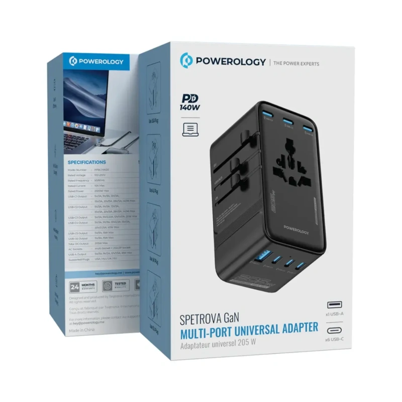 Powerology Spetrova 205W Travel Powerstation 6x USB-C GaN III - Black - Image 7