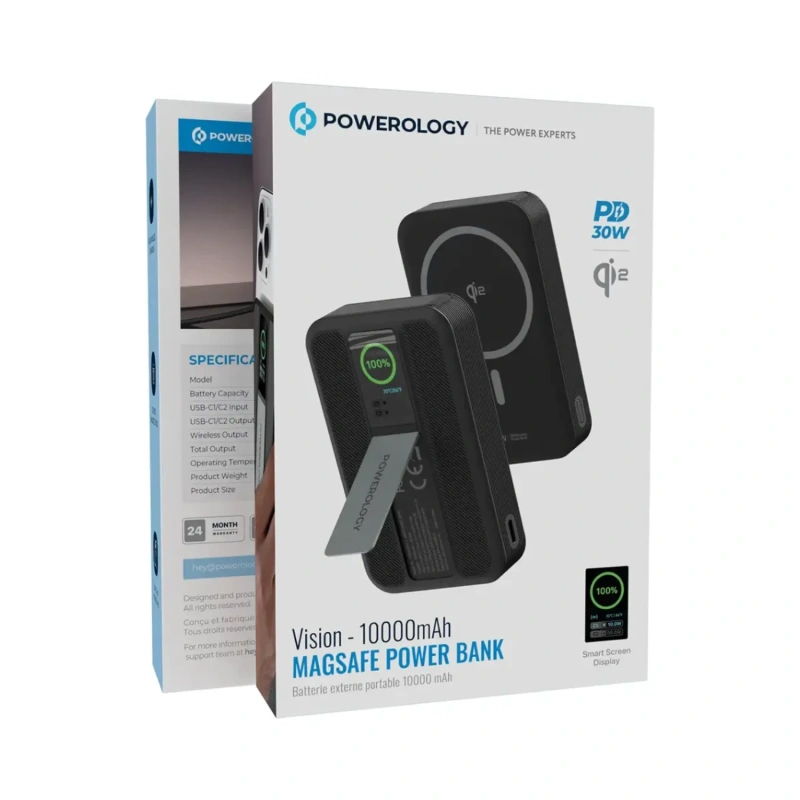 Powerology Vision 10000mAh 30W Power Bank with 15W Qi2 Wireless & TFT Screen - Black - Image 2