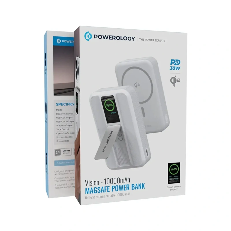 Powerology Vision 10000mAh 30W Power Bank with 15W Qi2 Wireless & TFT Screen - White - Image 3
