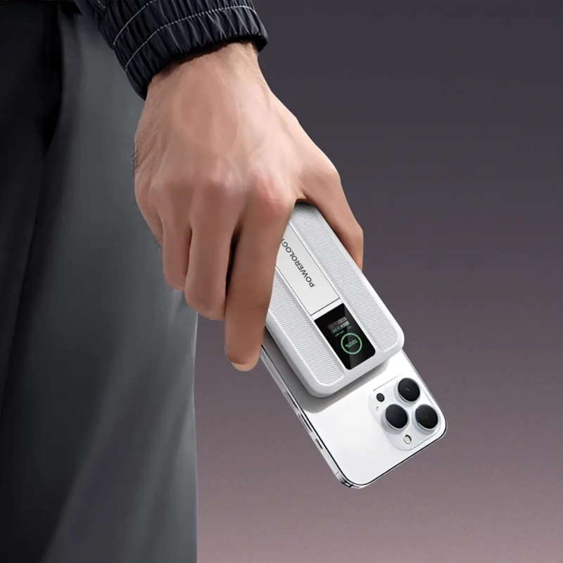 Powerology Vision 10000mAh 30W Power Bank with 15W Qi2 Wireless & TFT Screen - White - Image 2