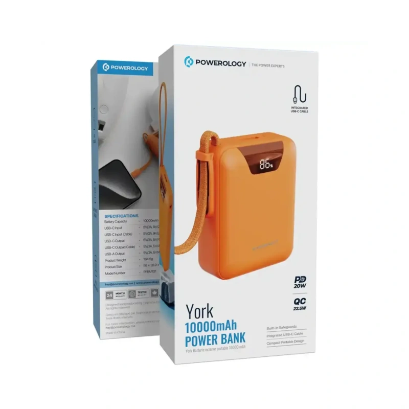 Powerology York SuperMini 10000mAh Power Bank PD 22.5W with Built-in USB-C - Orange - Image 2