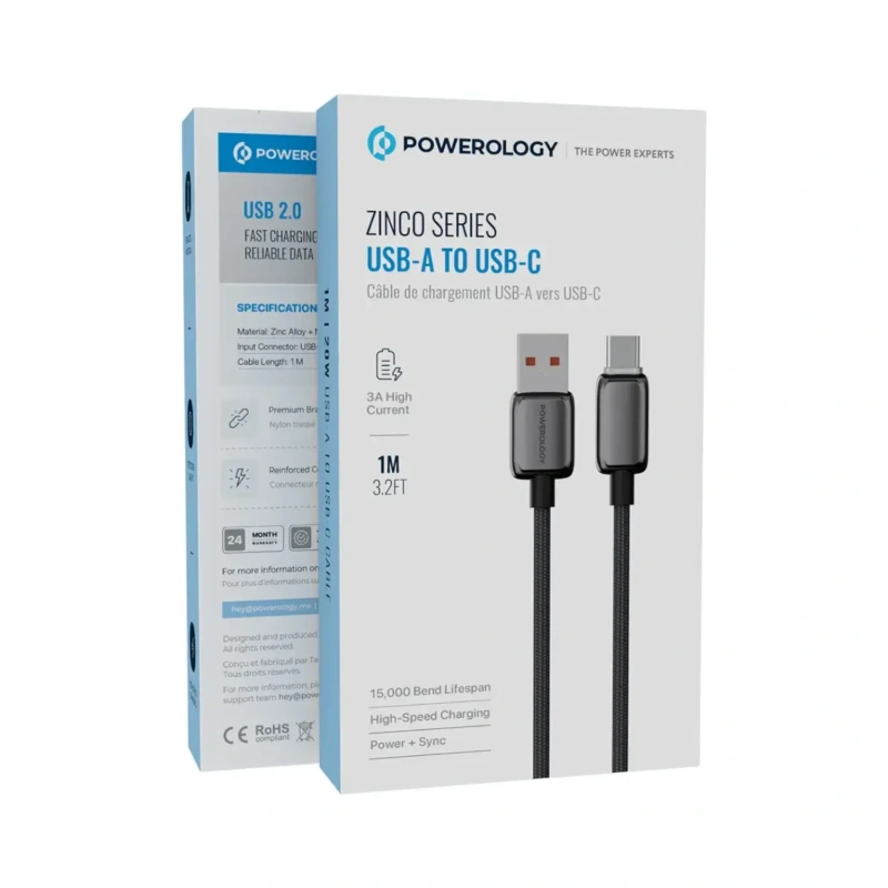Powerology Zinc Alloy USB-A to USB-C Braided Cable 15W - Black - Image 3