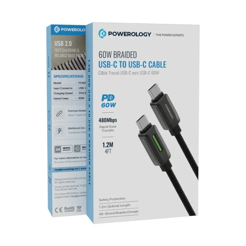 Powerology Zinc Alloy USB-C to USB-C Braided Cable 60W - Black - Image 3